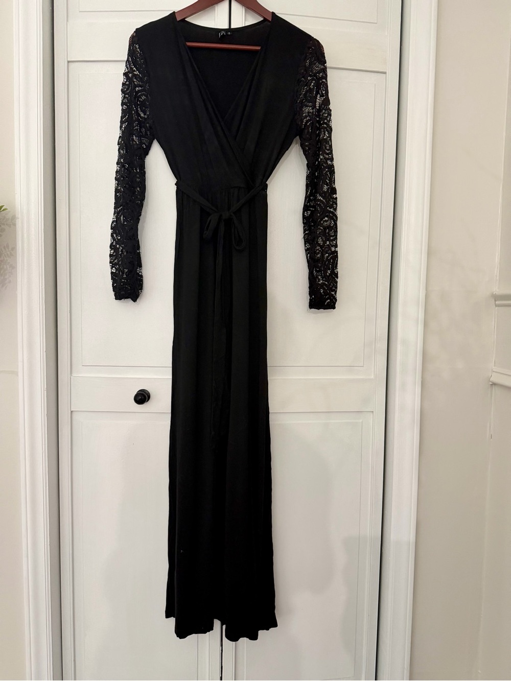 Black Lace-Sleeve Wrap Maxi Dress with Waist Tie